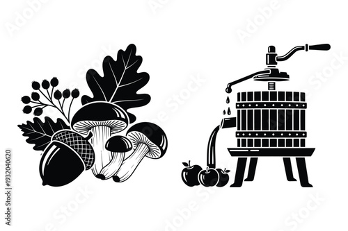 Autumn Harvest Icons: Mushrooms, Acorns & Traditional Cider Press