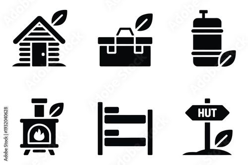 Outdoor Life & Cabin Icons: Hut, Fireplace, Bunk Bed & Sign Set