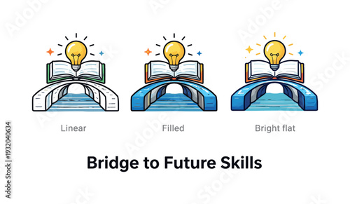 Bridge to future skills represented by an open book and a glowing lightbulb on three different bridge styles