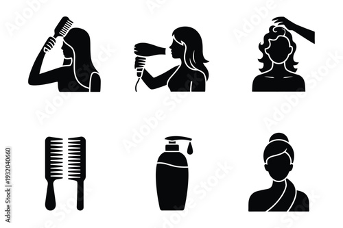 Hair Care Routine Icons: Brushing, Blow Drying, Shampoo, and Styling Personal Care Set