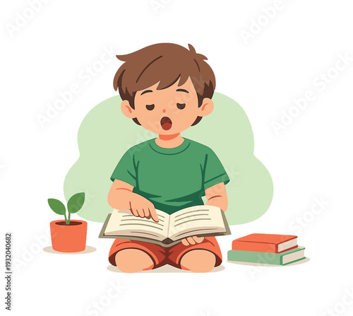 Sunny child practices reading aloud with an open book, lips moving softly, finger following lines, voice steady. today inside