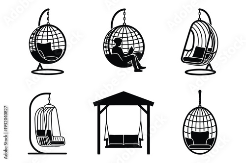 Cozy Hanging Chairs and Gazebo for Outdoor Relaxation Icons Set, Garden Furniture and Leisure