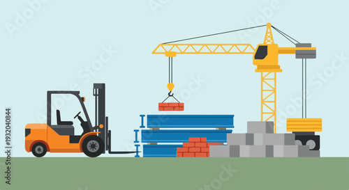 A construction site scene with a forklift, a tower crane lifting bricks, and stacks of steel beams and concrete blocks on a green field.