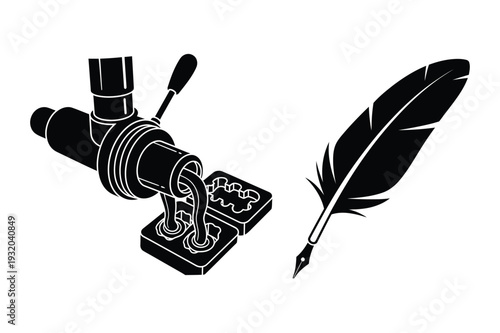 Industrial Foundry Process and Traditional Quill Pen Vector Icons for History and Manufacturing