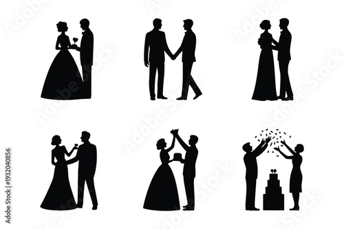 Wedding and Couple Silhouettes: Marriage, Ceremony, Love, Celebration Icons for Special Events