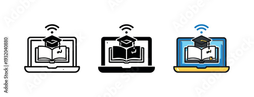 Online Study Icons. In e learning context appears an online study icon combining device shape and knowledge cues to imply internet