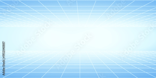 3d wireframe grid room. 3d perspective laser grid 16 9.. Cyberspace blue background with white mesh. Futuristic digital hallway space in virtual reality. Vector illustration.