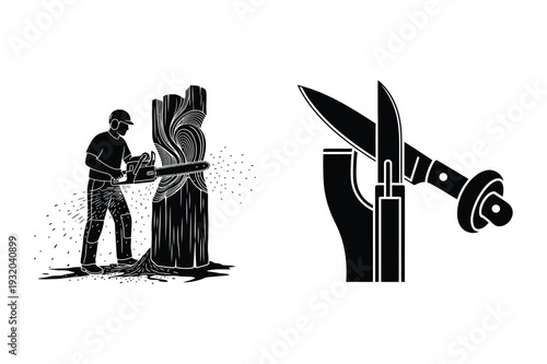 Man Chainsaw Carving Tree Stump and Knife in Sheath Black and White