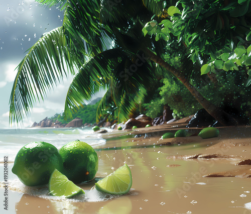 A serene tropical island paradise features a sandy beach with coconut palm trees overlooking the turquoise Caribbean sea and sun-drenched lagoon