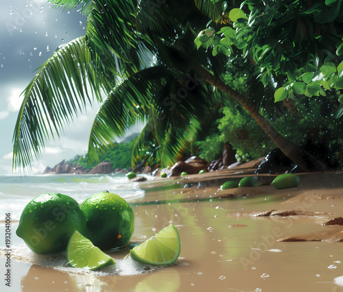 A serene tropical island paradise features a sandy beach with coconut palm trees overlooking the turquoise Caribbean sea and sun-drenched lagoon