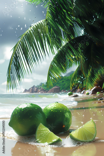 A serene tropical island paradise features a sandy beach with coconut palm trees overlooking the turquoise Caribbean sea and sun-drenched lagoon