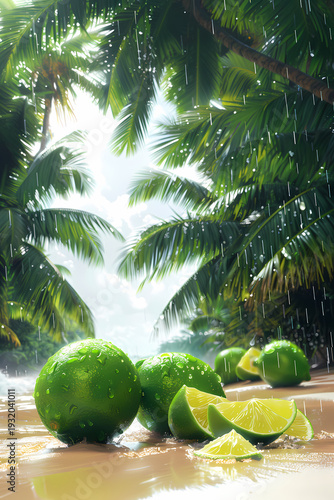 A serene tropical island paradise features a sandy beach with coconut palm trees overlooking the turquoise Caribbean sea and sun-drenched lagoon