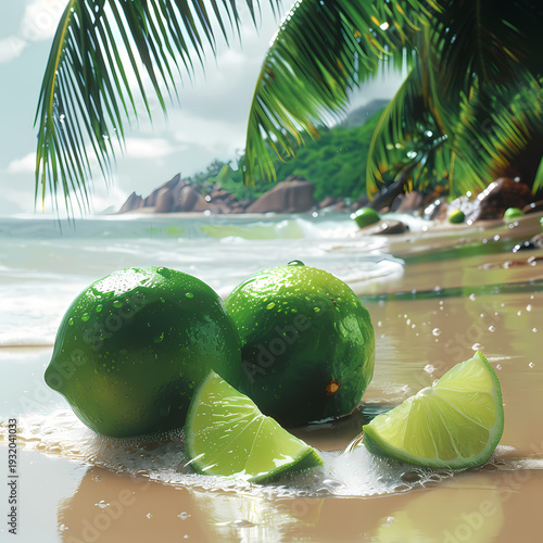 A serene tropical island paradise features a sandy beach with coconut palm trees overlooking the turquoise Caribbean sea and sun-drenched lagoon