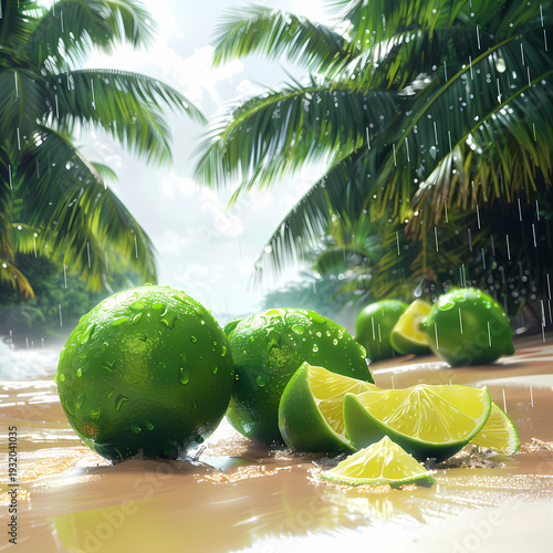 A serene tropical island paradise features a sandy beach with coconut palm trees overlooking the turquoise Caribbean sea and sun-drenched lagoon