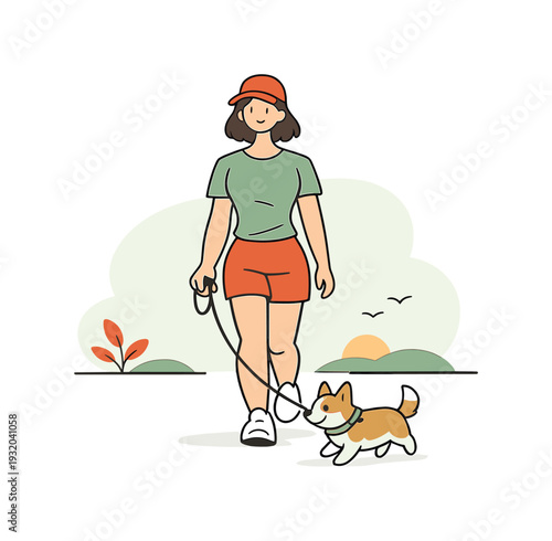 Morning person walks a dog in the morning, leash held gently as the dog trots ahead and calm air fills the open space | walking