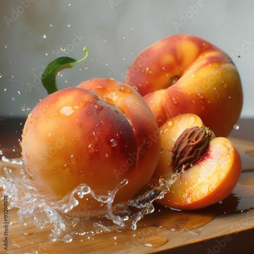 Close-up of a ripe peach on a plate with fresh juicy slices, showcasing vibrant orange and yellow hues, perfect for a healthy summer dessert