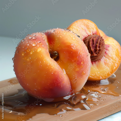 Close-up of a ripe peach on a plate with fresh juicy slices, showcasing vibrant orange and yellow hues, perfect for a healthy summer dessert