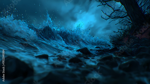 A dark foggy night forest beneath a cloudy sky with a glowing moon over distant mountains and calm water