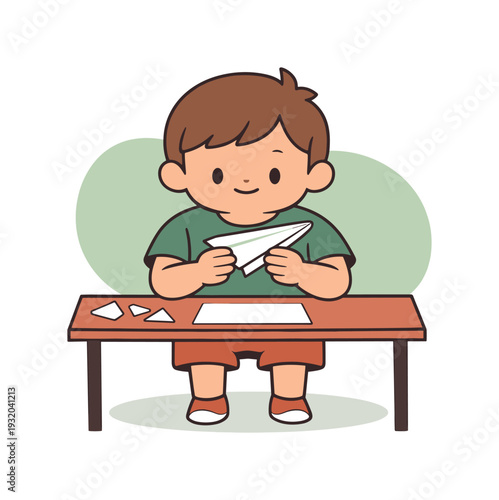 Fresh child folds a paper airplane at a desk, crisp creases forming, scraps aside, hands focused, ready to test flight calmly now