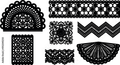 Papercut style ornamental lace border and mandala set close up decorative cutout motifs for textile and craft designs vector silhouette