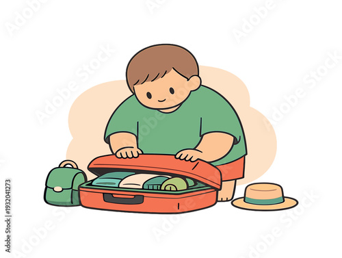 Nearby child finishes packing a suitcase, lid closing slowly, belongings tucked safely inside. | packing suitcase, travel, flat