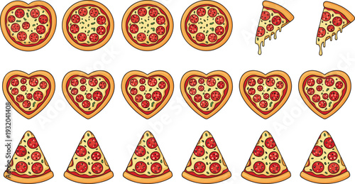 Minimal hand-drawn pizza slice vector illustration set with clean line art and consistent stroke width design elements