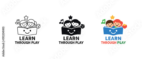 Creative learning scene showing a compact learn through play emblem with friendly forms and thoughtful cues for child development