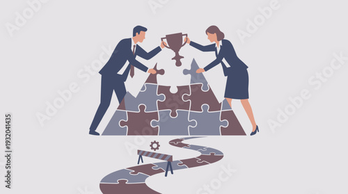 Business Teamwork and Collaboration Concept with Businessman and Woman Completing a Jigsaw Puzzle Mountain to Reach a Trophy, Overcoming Obstacles and Challenges on the Winding Path to Success.