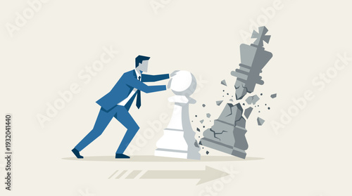 Business competition and strategy vector concept with a businessman pushing a white chess pawn to break down a large king piece, symbolizing disruption, underdog success, and clever tactics.