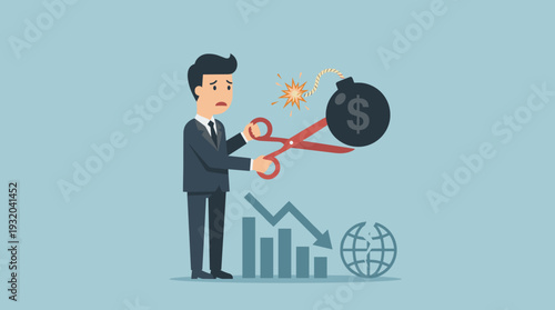 Businessman in suit using large red scissors to cut the burning fuse of a dollar sign bomb, representing a desperate attempt to stop a financial crisis, economic recession, and global market crash.