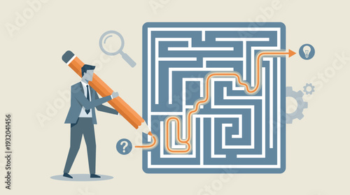 Businessman holding a giant pencil drawing a path through a complex maze to reach a lightbulb icon, representing business solution, overcoming challenges, finding success, and strategic planning.