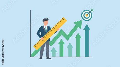 Businessman Measuring Growing Financial Graph with Large Ruler for Business Growth Concept, Aiming for Success and Achievement Target, Professional Progress and Performance Measurement Vector