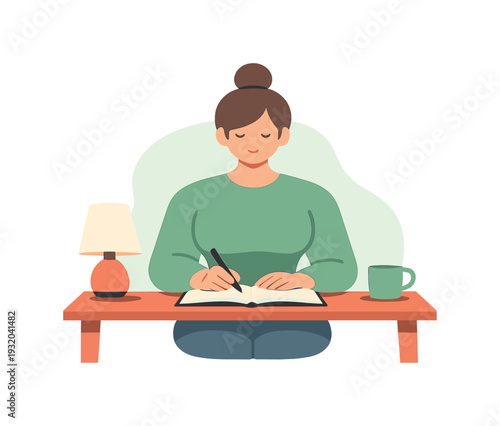 Calm person journals at a desk, pen moving across an open notebook, lamp glowing softly, cup resting nearby. | journaling desk