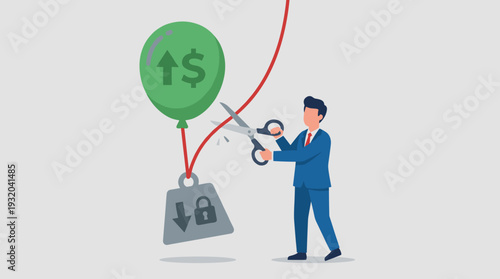 Businessman Cutting the String Between a Rising Profit Balloon and a Heavy Cost Weight with Scissors, Illustrating Financial Strategy, Cost Management, and Business Growth Success Concept