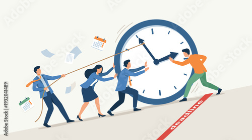 Business Team Working Together to Stop a Giant Clock from Crossing the Deadline Line, Concept of Time Management, Urgency, Project Pressure, and Teamwork in a Corporate Office Environment.