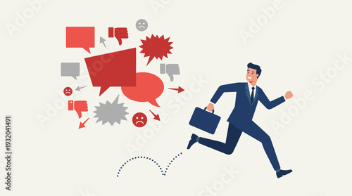 Businessman Running Away from Negative Feedback and Social Media Criticism Icons, Concept of Online Reputation Management, Crisis Communication, Cyberbullying, and Handling Bad Customer Reviews and