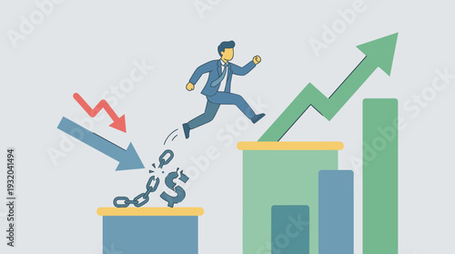 Ambitious businessman jumping to a higher level of a bar graph, overcoming financial crisis and debt. Concept of business growth, economic recovery, success, and breaking free from failure.