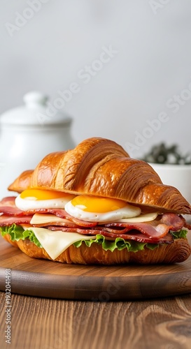 Delicious Croissant Sandwich with Egg, Ham, and Cheese.