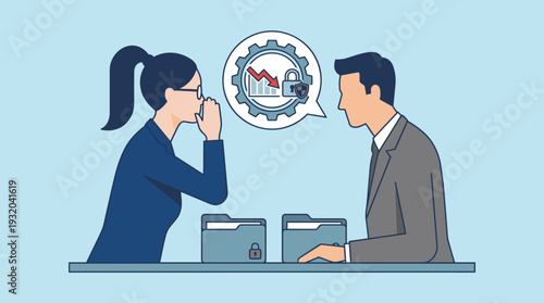 Businesswoman whispering confidential company secrets to a male colleague or competitor. Illustration of insider trading, corporate espionage, data breach, and financial risk management.