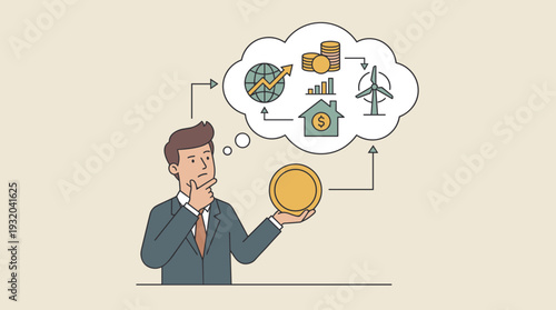 Thoughtful businessman holding a gold coin and considering various investment options like global markets, real estate, and renewable energy. Concept of financial planning and wealth management.