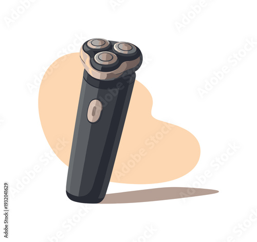 Modern electric shaver with rotary heads and a single button on a neutral background