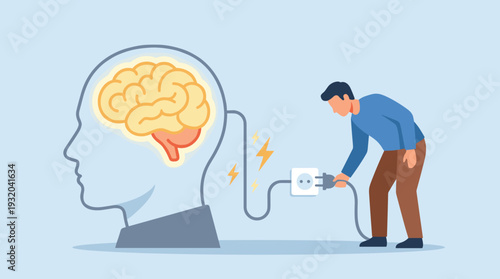 Illustration of a man plugging a power cord into a socket to charge a human brain inside a head profile, symbolizing mental energy, productivity boost, cognitive power, and recharging the mind.