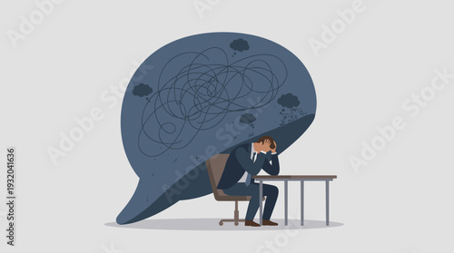 Depressed businessman sitting at a desk with a giant thought bubble filled with tangled lines and dark clouds, representing mental health struggles, workplace stress, anxiety, and burnout.