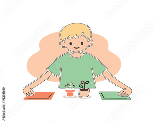 Light child decorates a table with napkins and small plants, aligning items neatly while hands pause and smile stays calm today.!