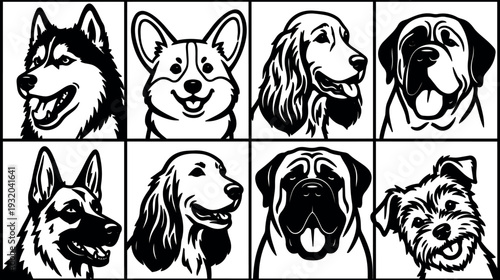 Flat vector line art dog head icon set featuring eight breed portraits close up grid front facing expressions happy detailed