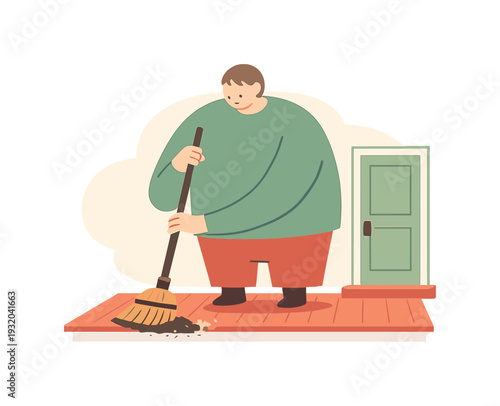 Quiet person sweeps a small porch, broom gliding over boards as dust gathers near the step edge by the door quietly at dusk today