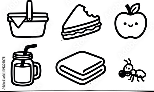 Whimsical kids doodle picnic set close up showing smiling apple sandwich mason jar blanket ant simple black line art vector