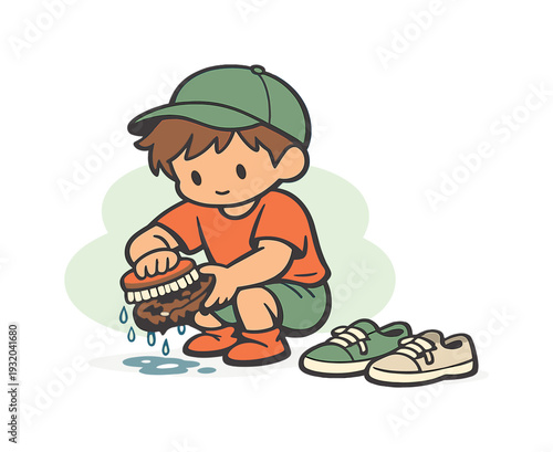 Sunny child cleans muddy shoes with a brush, scrubbing soles carefully as water drips and pairs rest nearby neatly. | cleaning