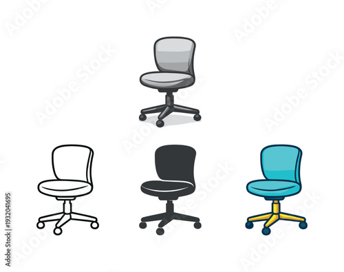 Team productivity scenario featuring a rolling office chair with curved backrest and central column, introduced plainly as one