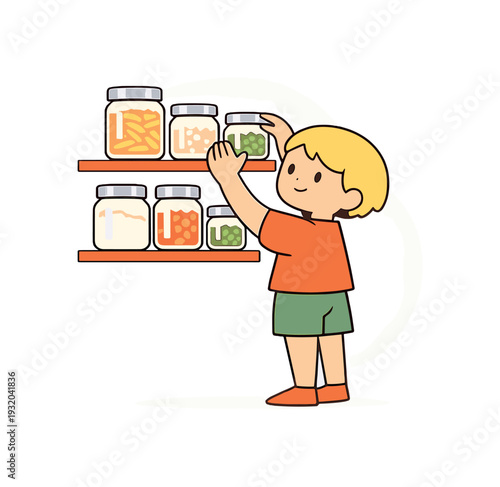 Sunny child organizes pantry jars on shelves, lining glass containers by size while lids shine and floor stays clear below. |